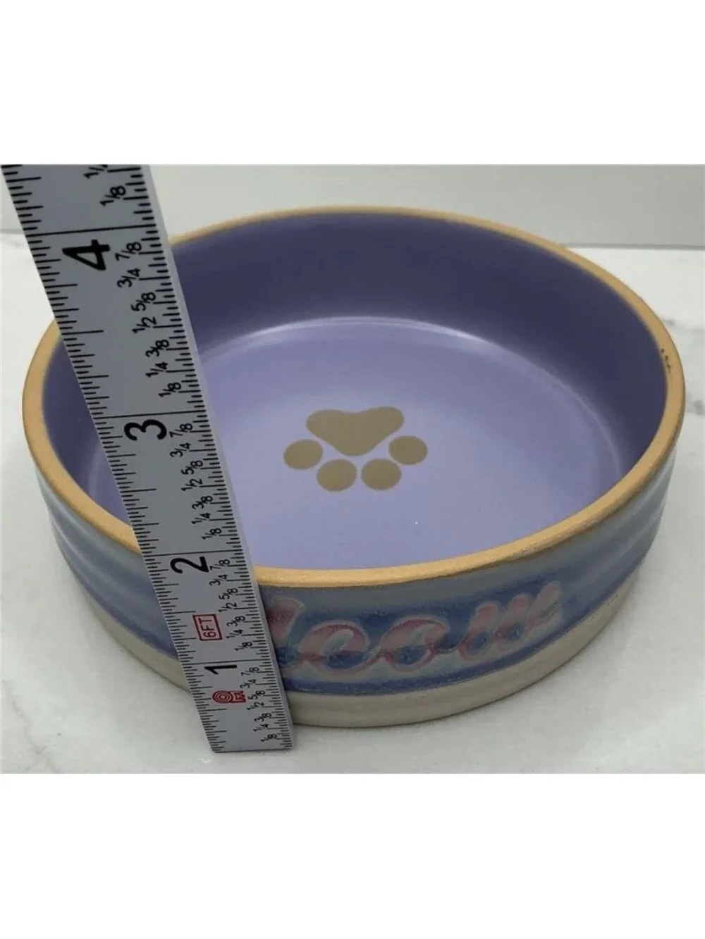 Spectrum Designz Cat Dish Ceramic Pet Bowl Purple Meow Paw Benton Cat 4.9” New